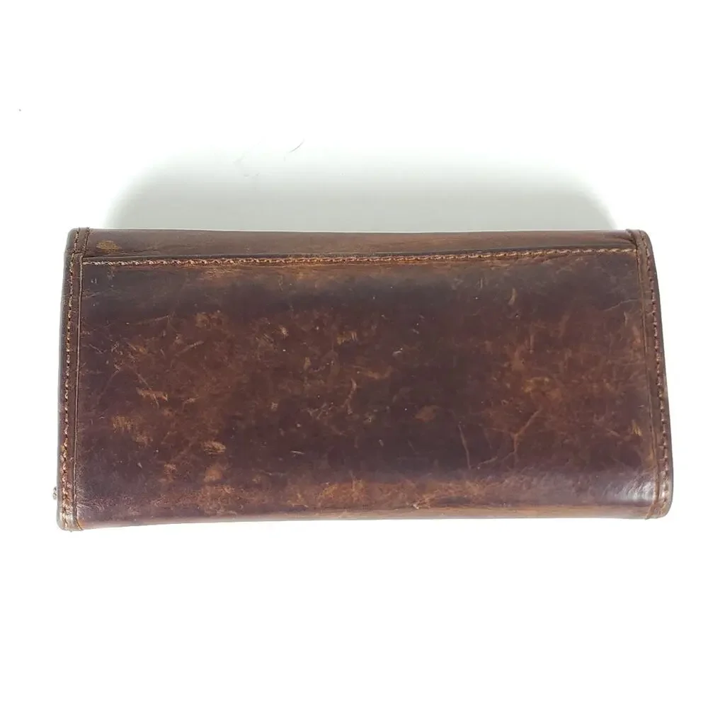 Frye Melissa Continental Cognac Brown Distressed Leather Snap Trifold Wallet - Picture 3 of 13